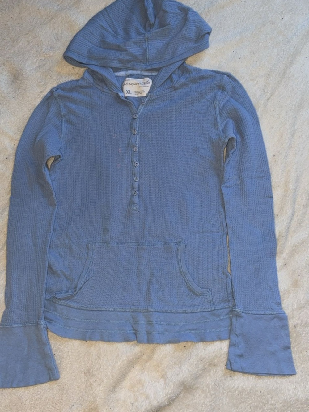 Aeropostale Blue Waffle-Knit Hooded Henley Sweatshirt
